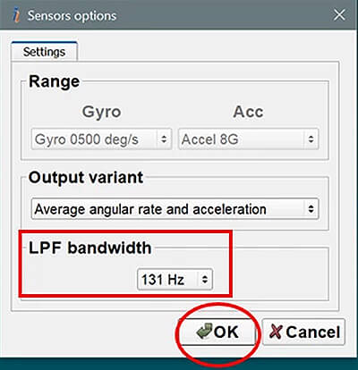 Inertial Labs IMU Inertial Measurement Unit GUI Graphic User Interface - Sensors Options - dropdown menu for “LPF Bandwidth”