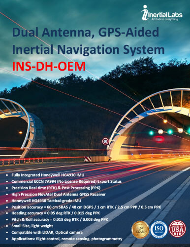 Inertial Labs INS-DH-OEM - GPS, GLONASS, Galileo, QZSS, BEIDOU GNSS-Aided Inertial Navigation System with Honeywell HG4930 Tactical Grade IMU - Product Specifications Datasheet
